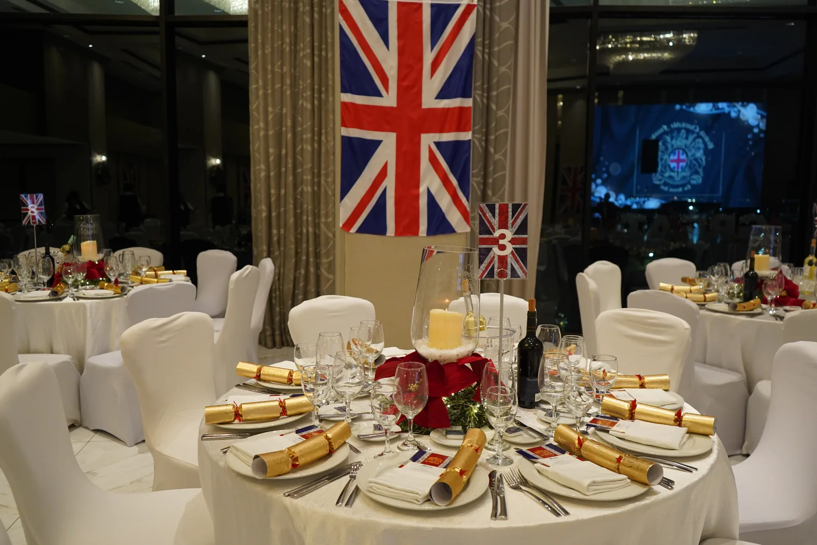 The ballroom set for dinner